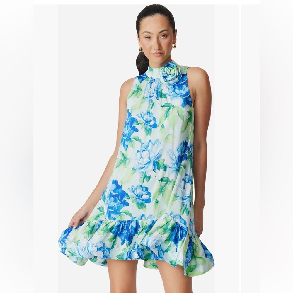 elliatt adeena blue & green floral garden party 3d rose mini dress size large